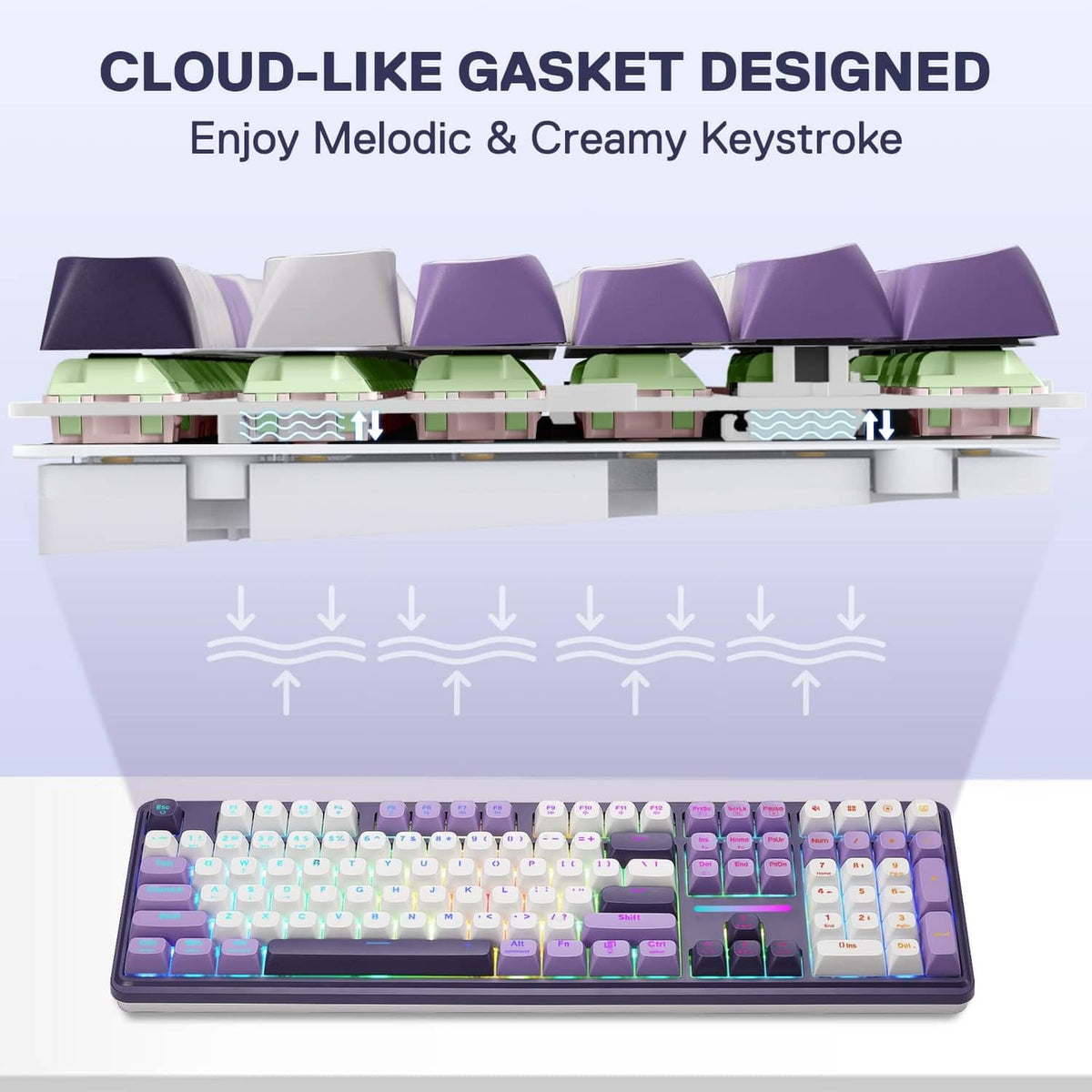 Purple 108-key gasket keyboard with RGB keycaps and a raised, cushioned key structure