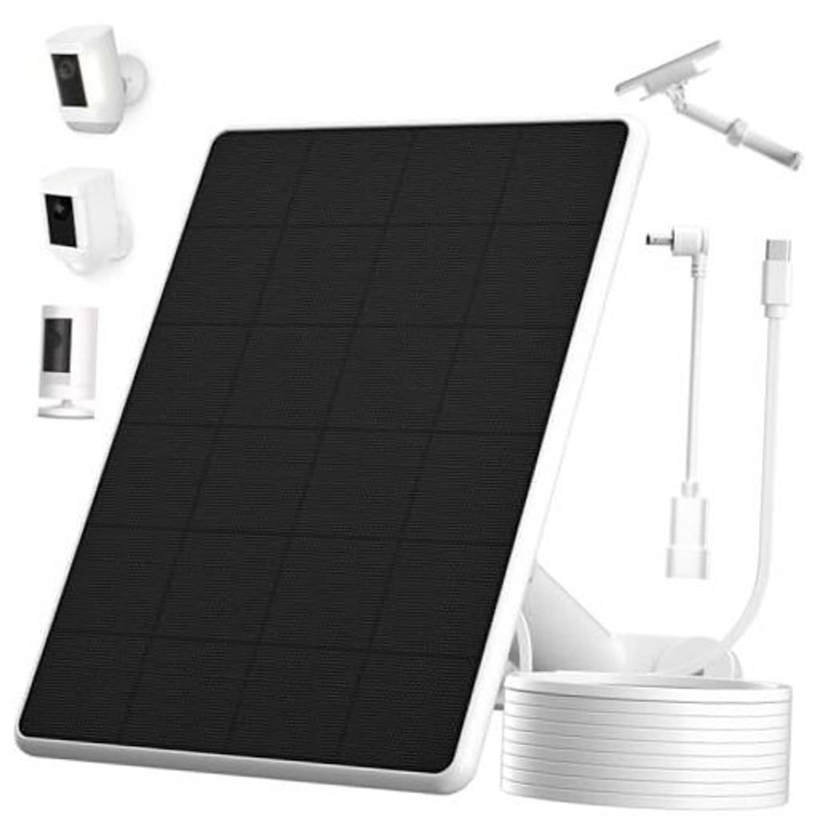 Black solar panel with white frame and mounting cable for Ring camera