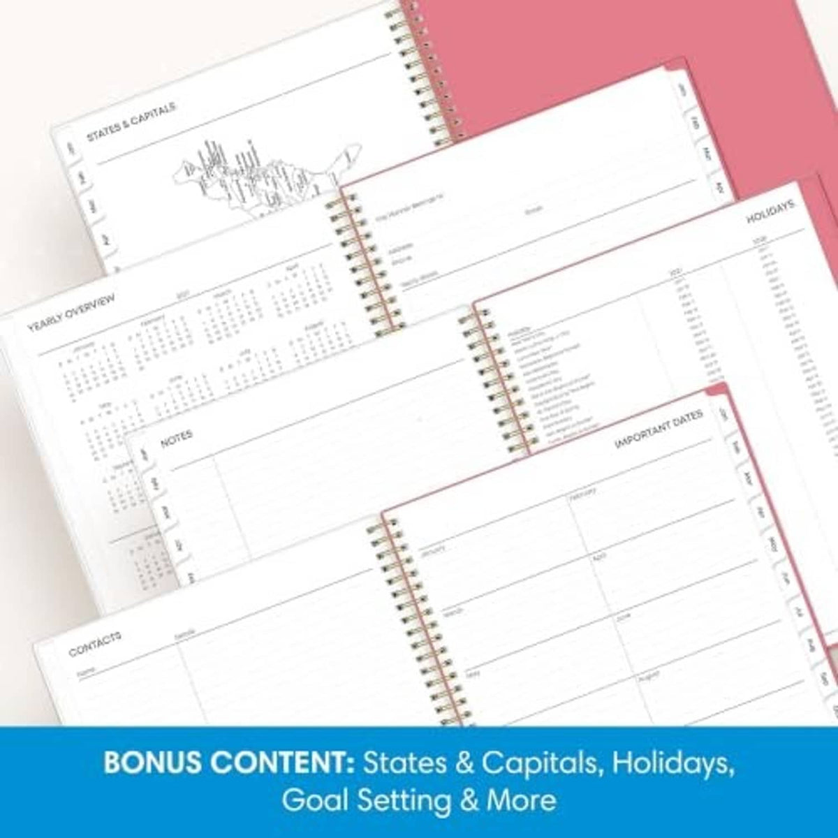 Planner pages with bonus content sections for states, holidays, and goal setting