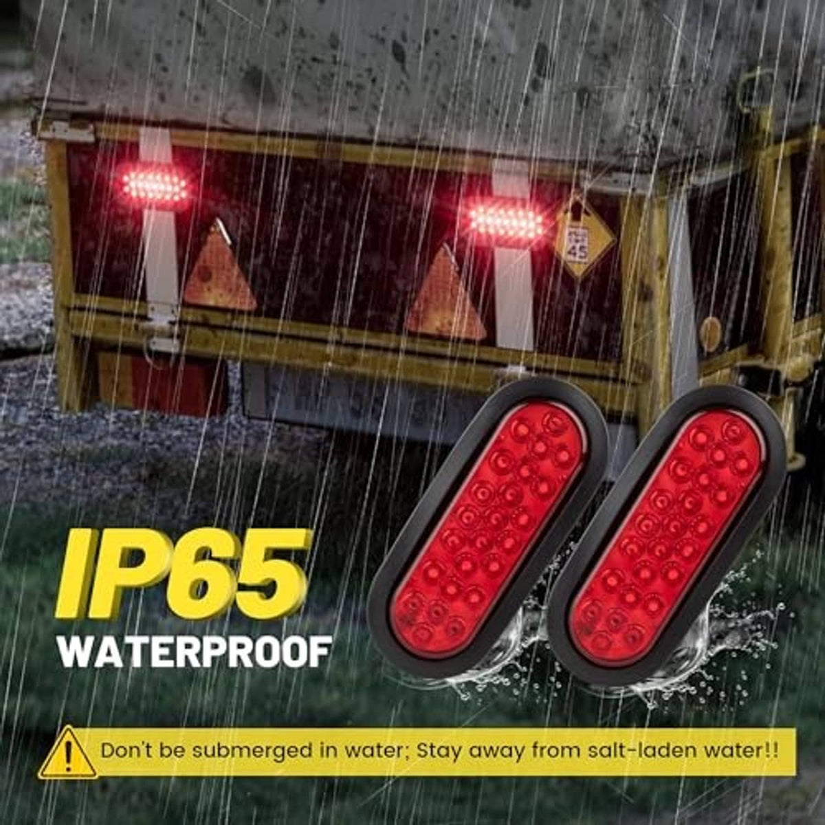 Two oval red LED trailer tail lights with black housings, splash-resistant design