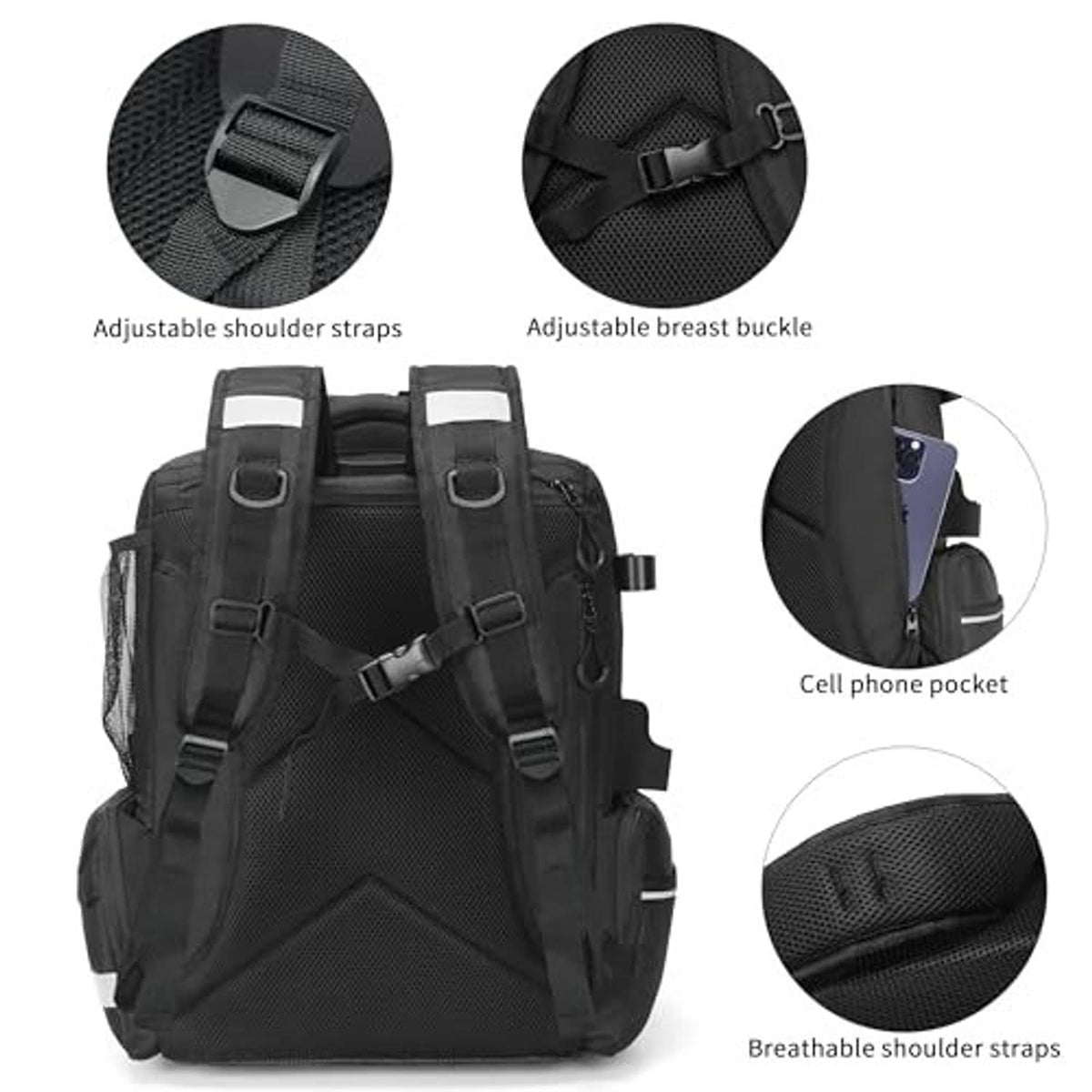Black tackle backpack with adjustable breathable shoulder straps and cell phone pocket