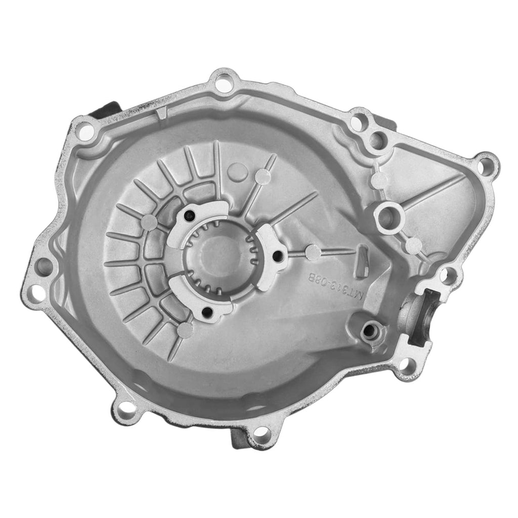 Left engine stator cover, silver metal plate with mounting holes and markings