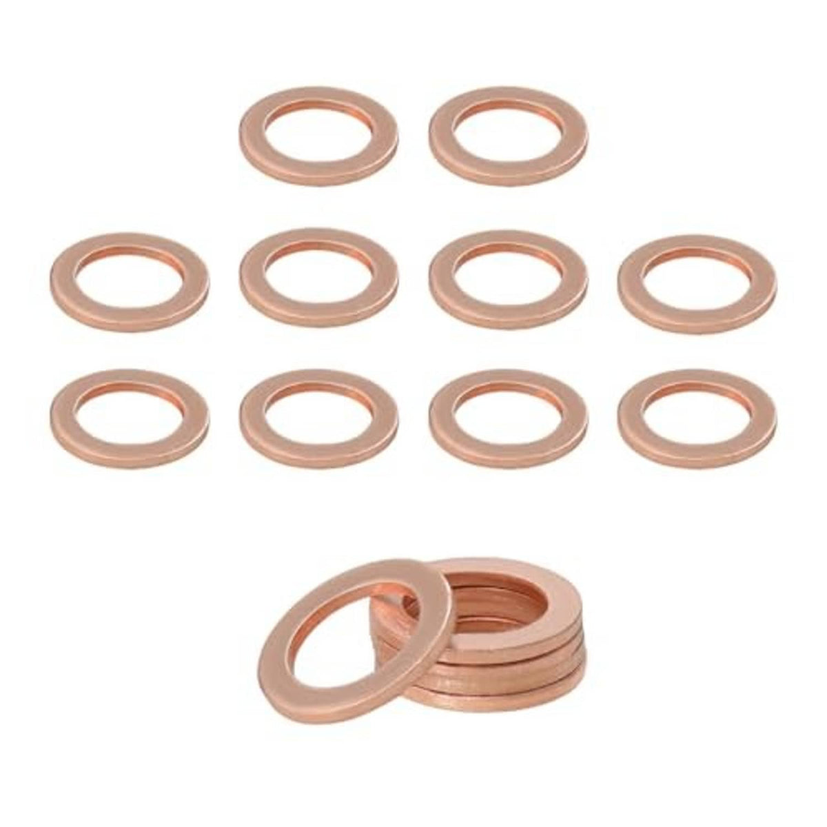 Copper oil drain plug crush washers, multiple flat circular copper gaskets.