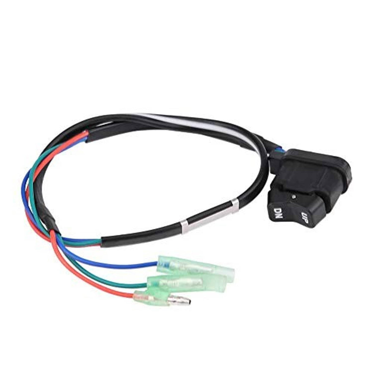 Power trim switch assembly with black cable and multi-color wiring, side-mounted switch plug