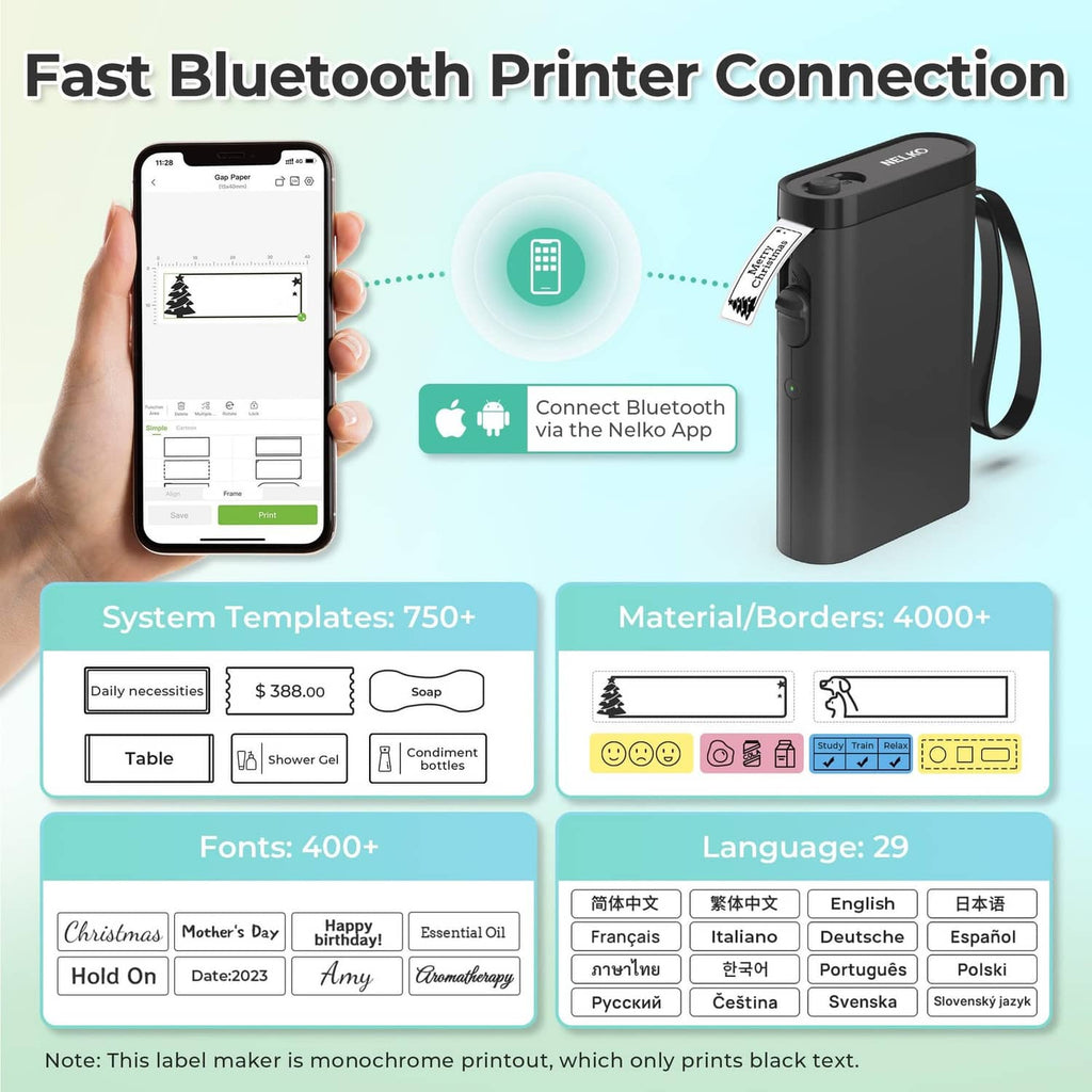 Black Bluetooth label printer with smartphone app connection diagram and label tape.