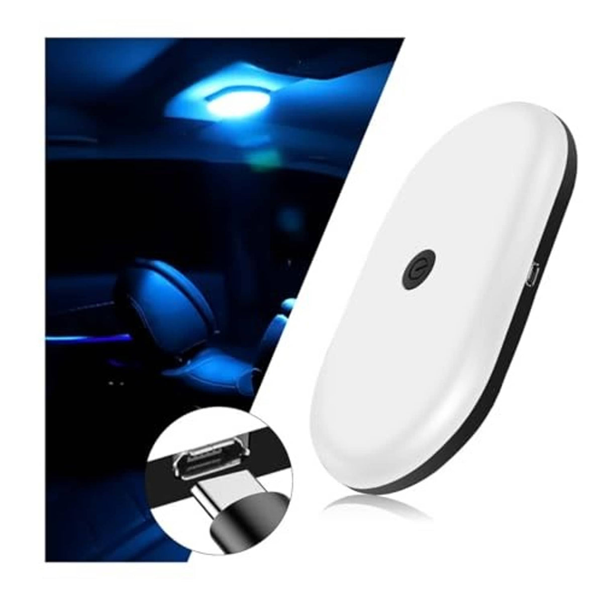 White oval car dome reading light with black edge and center control lens.