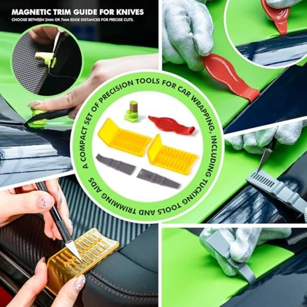 Vinyl wrap precision trim tools with magnetic trim guide and green scraper