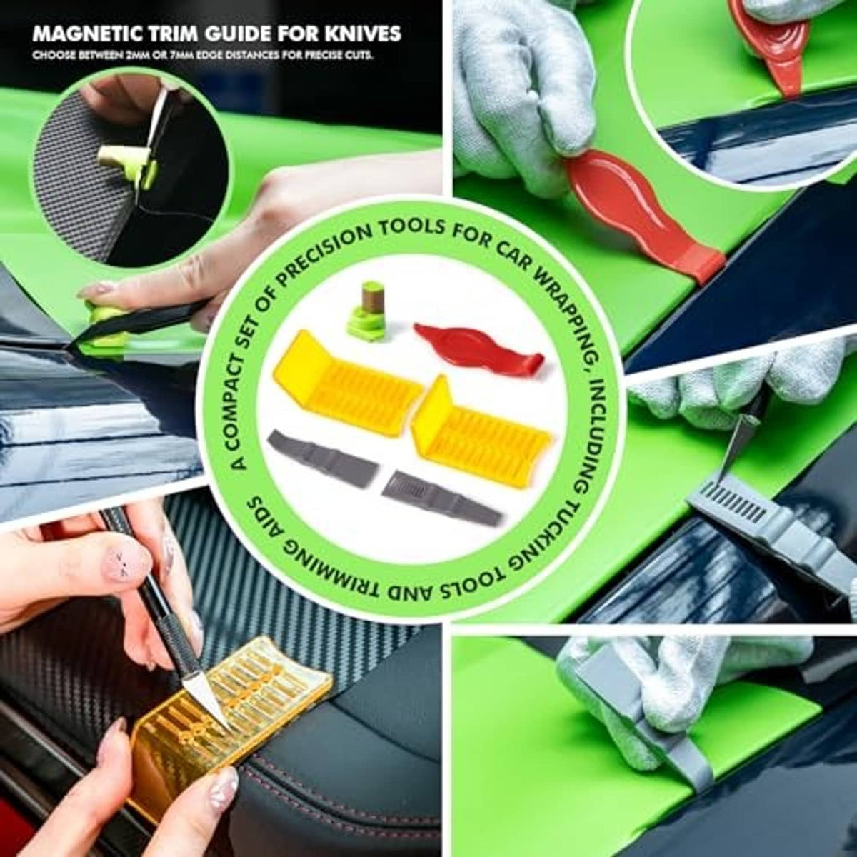 Vinyl wrap precision trim tools with magnetic trim guide and green scraper