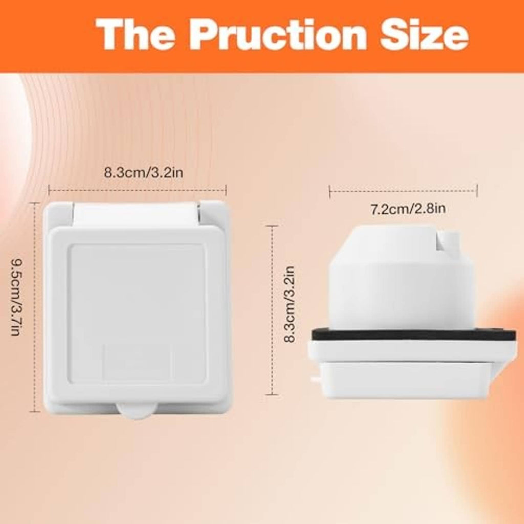 White RV power inlet with hinged cover, shown with front and side dimensions