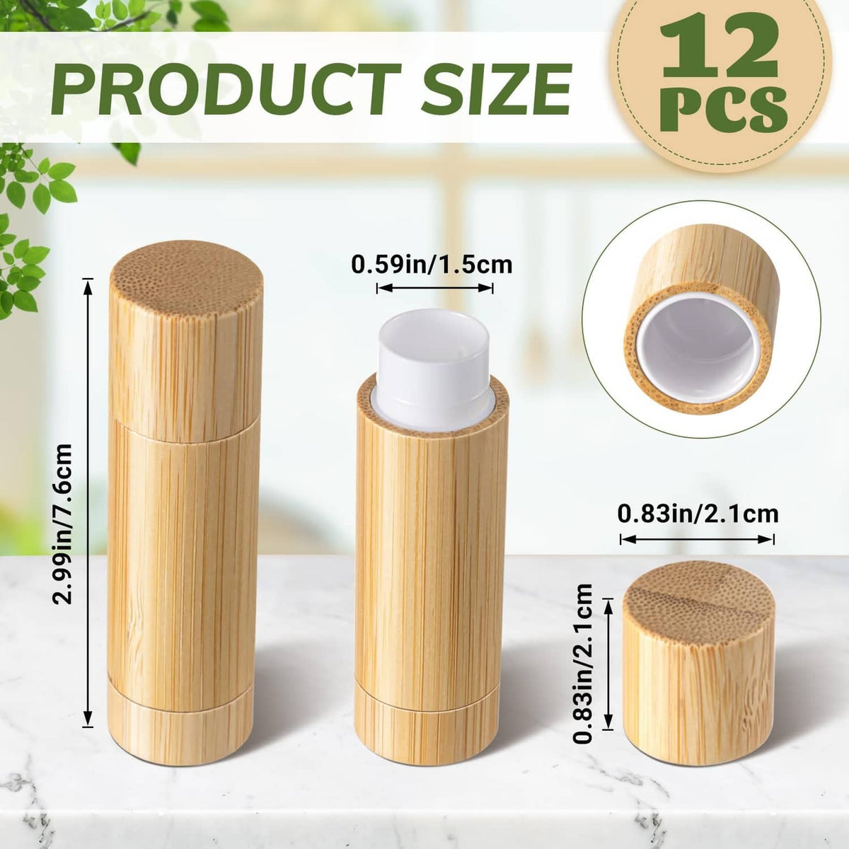 Bamboo empty lipstick tube containers with white inner caps and round top lids