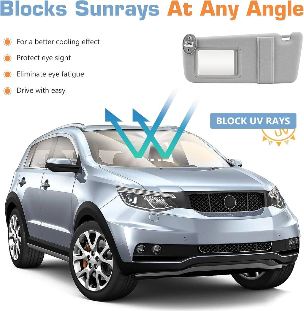 Gray sun visor with vanity mirror window designed to block sun rays