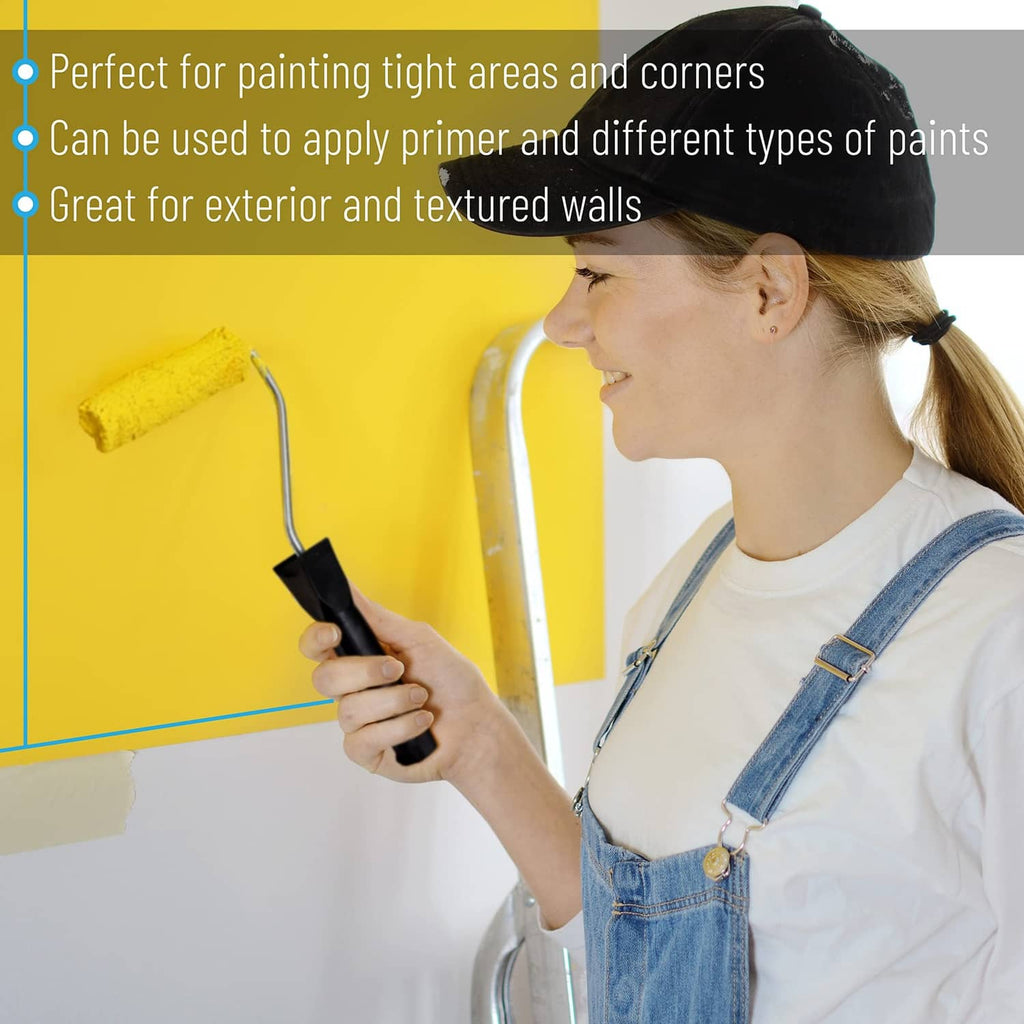 Paint roller cover on handle, fluffy white nap with yellow core for painting walls