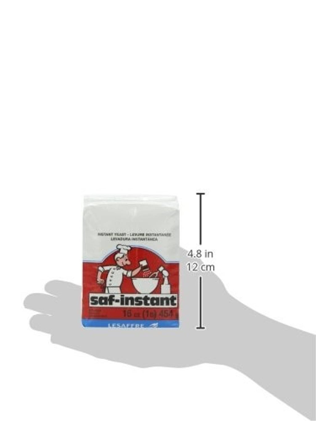 Saf instant yeast pouch with size dimensions overlay, red and blue base