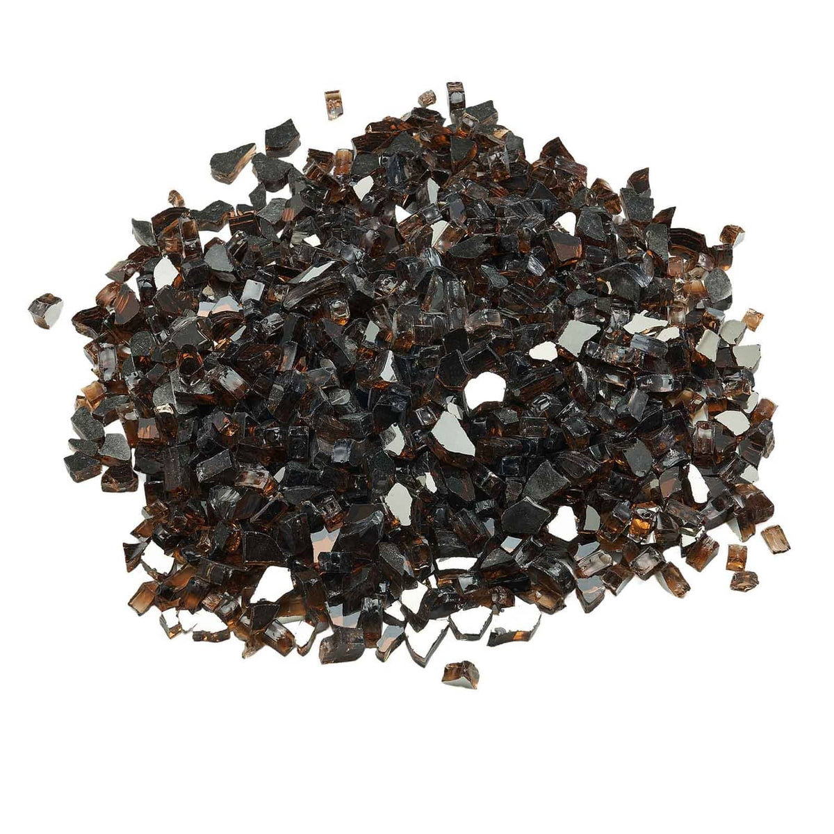 Copper crushed glass fire pit rocks, reflective dark and amber shard pile