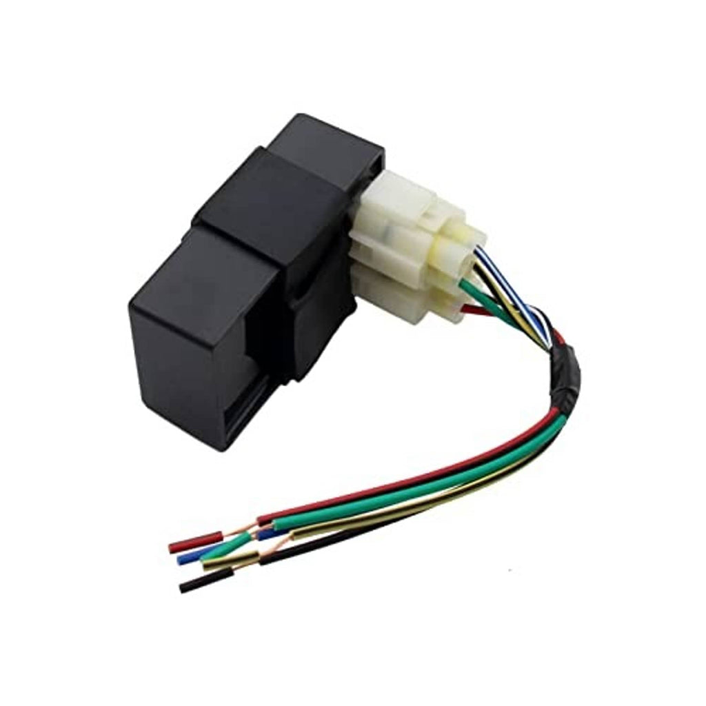 Black AC CDI box with 6-pin white plug and colored wire leads attached