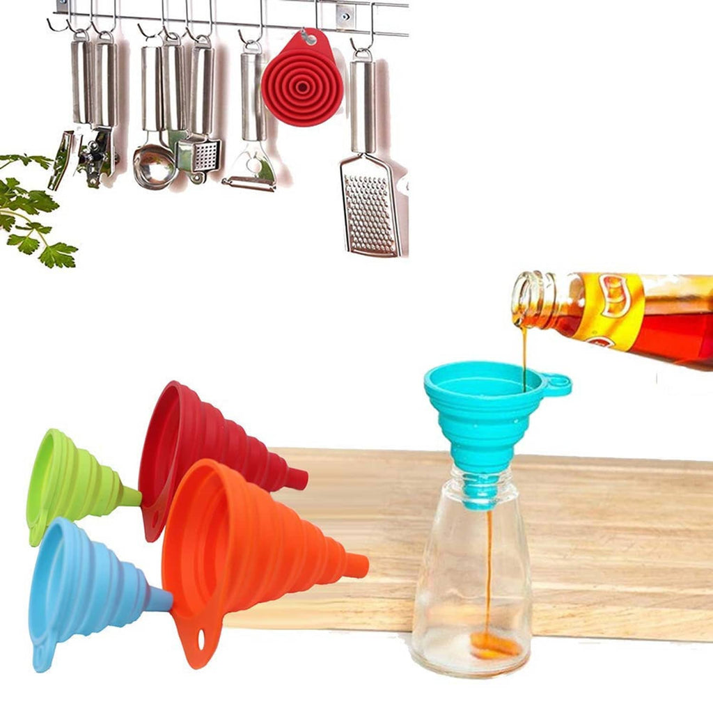 Foldable silicone kitchen funnels in red, orange, blue, and green on a bottle with spice tools