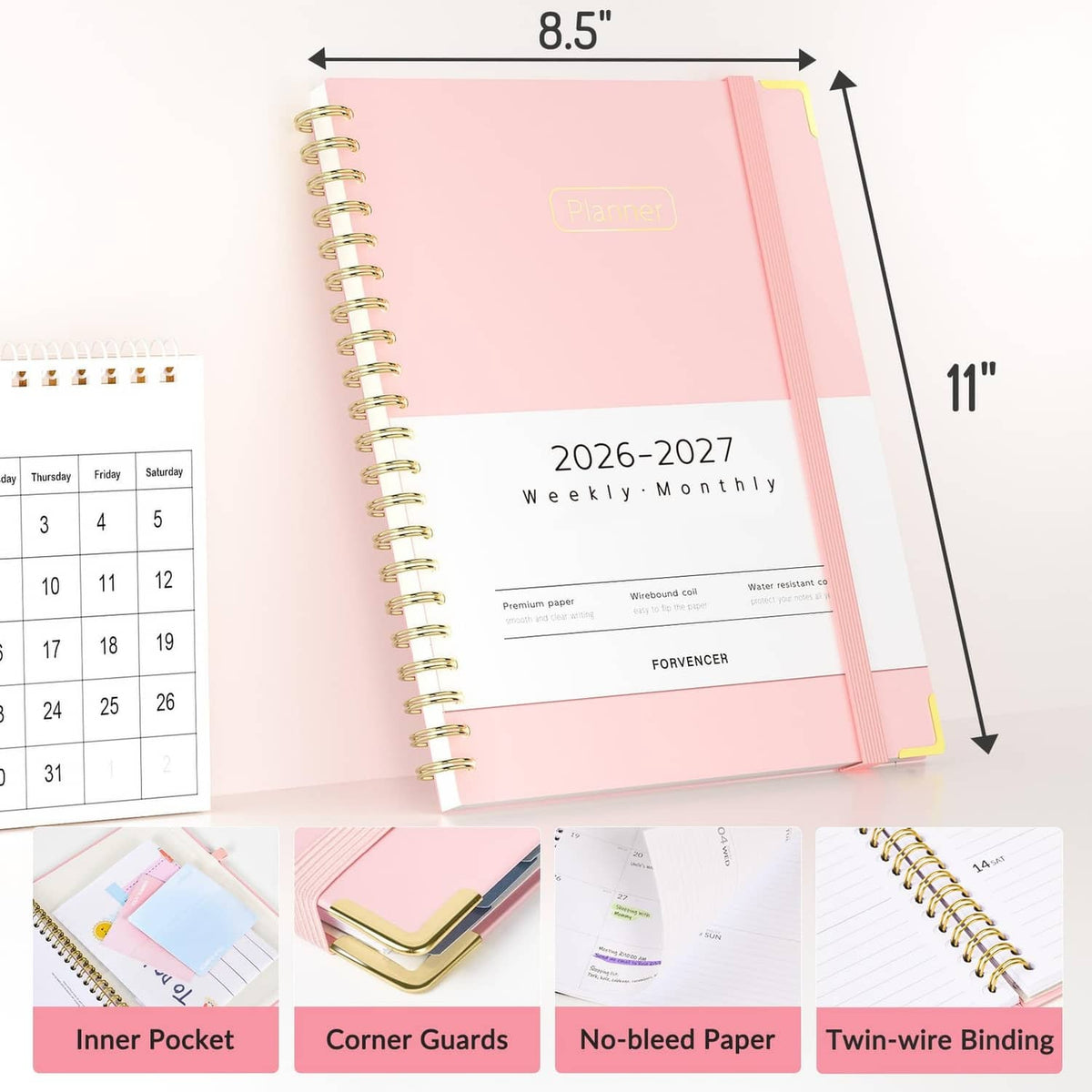 8.5 x 11 planner with pink cover, spiral binding, and corner guards