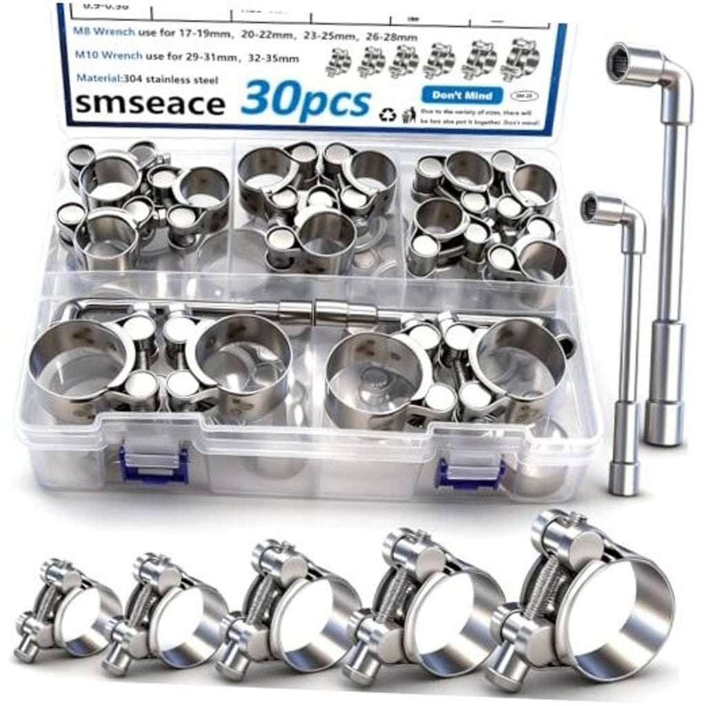 304 stainless steel T-bolt hose clamps, 30-piece set in clear storage box