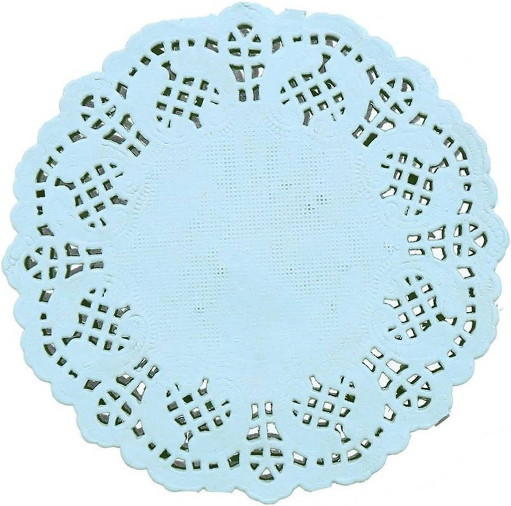 Round light blue paper lace doily with intricate cutwork ring and scalloped edge