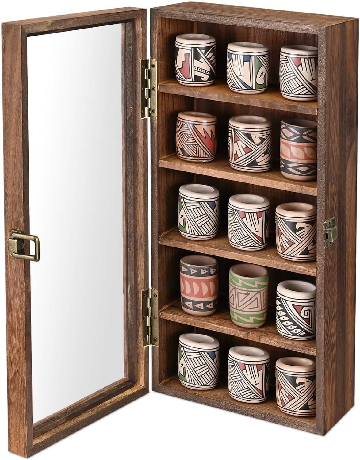 Wall mounted wooden display case with open door and five shelves holding decorative mugs