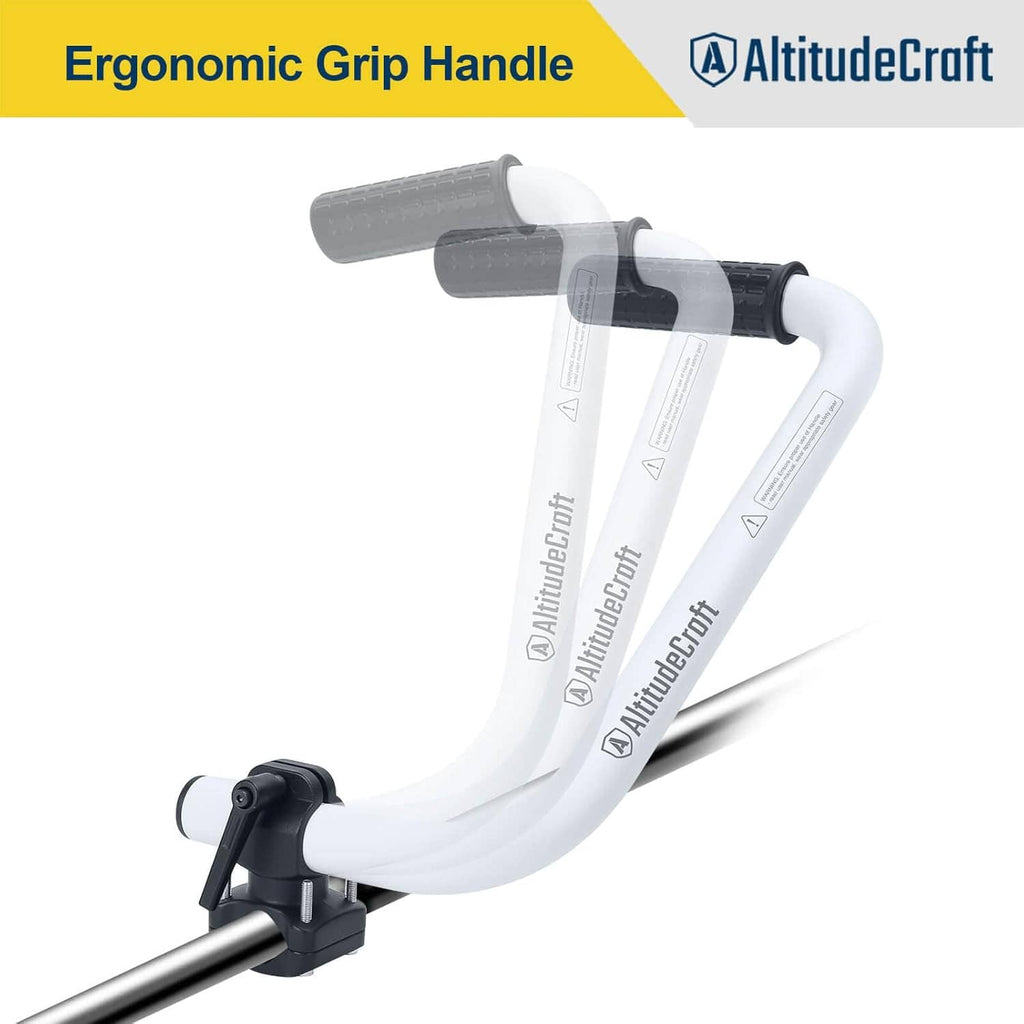 Weed trimmer handle extension with ergonomic black rubber grip and white curved arm