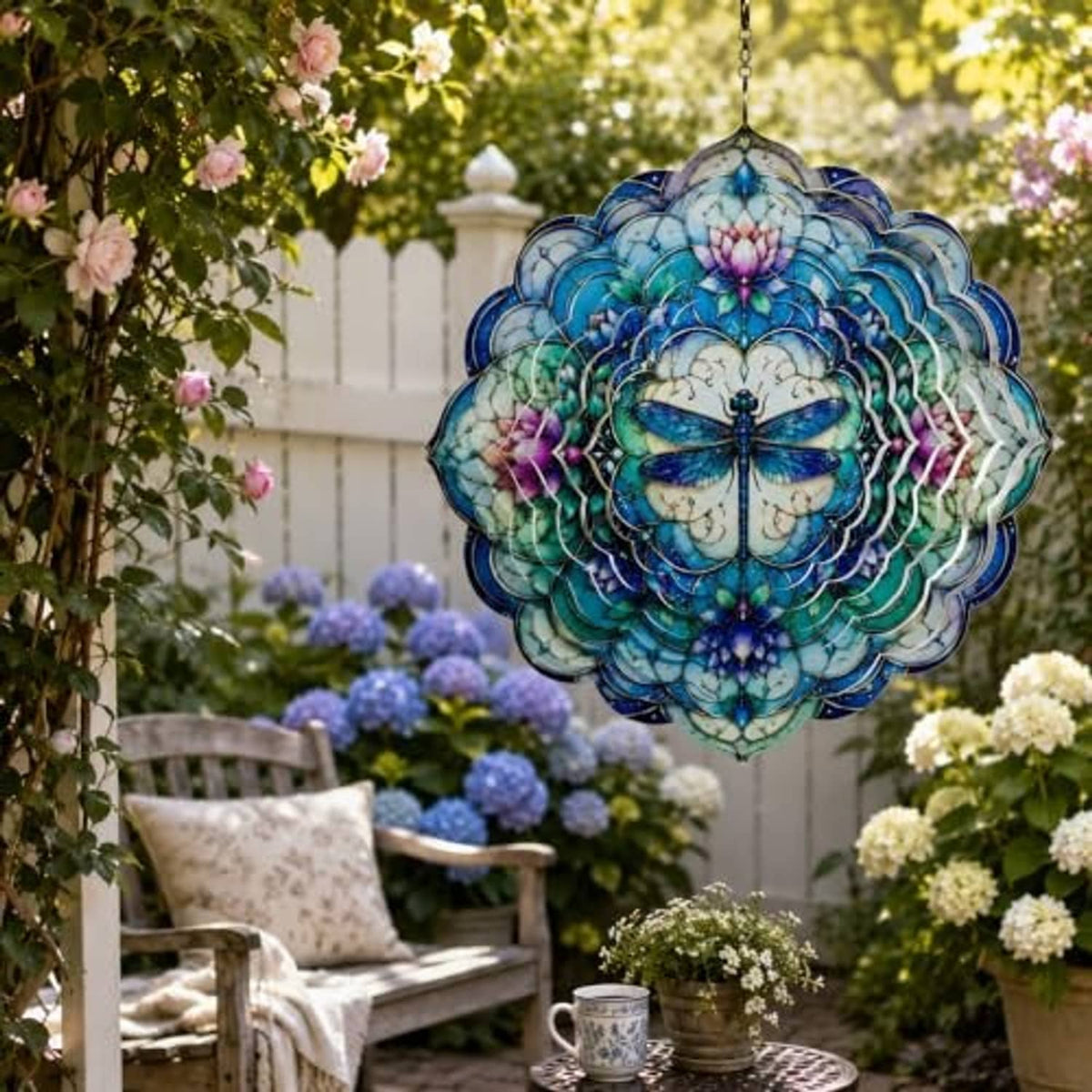 Hanging lotus flower wind spinner with layered petal pattern and dragonfly center
