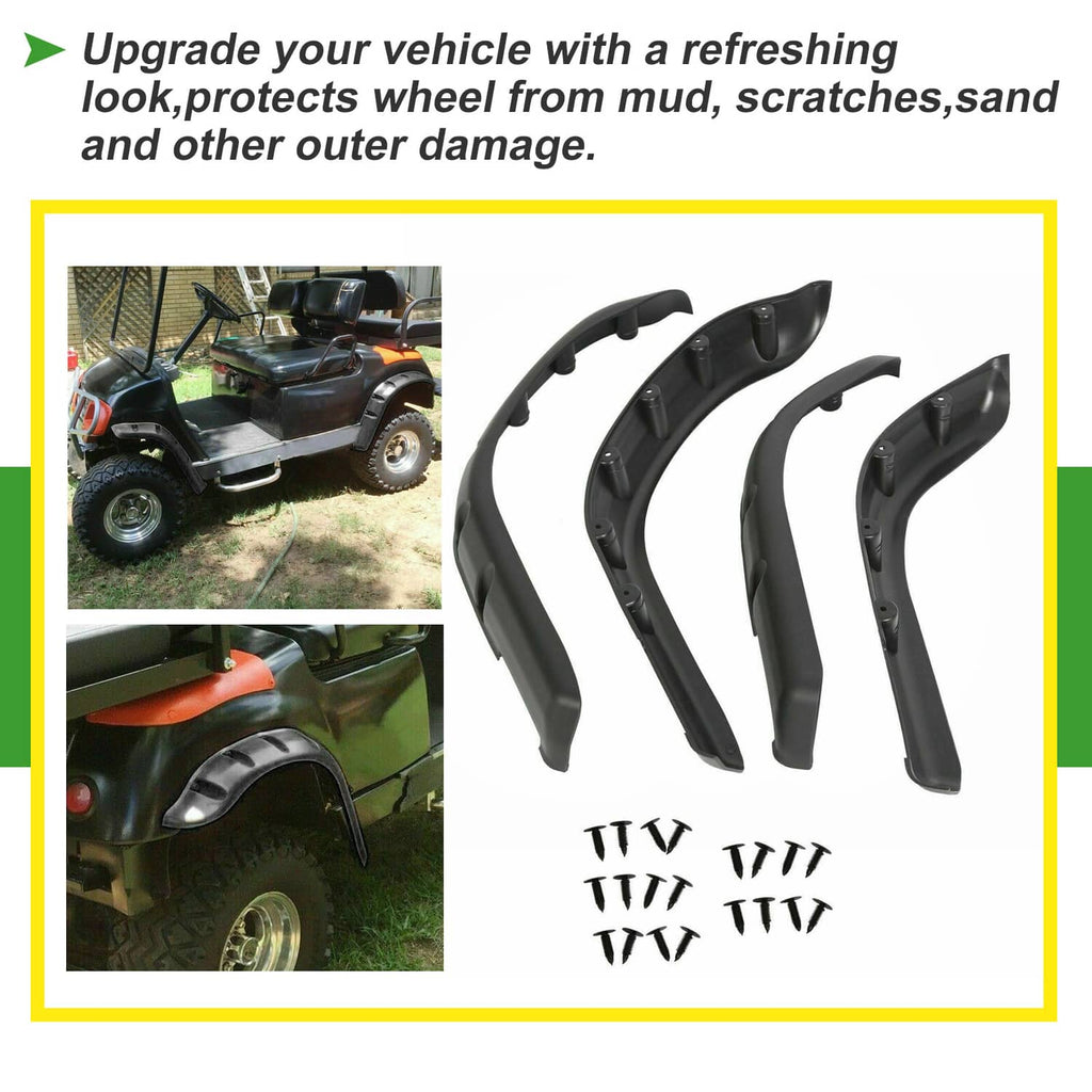 Four-piece golf cart fender flare set in dark gray/black plastic, with hardware
