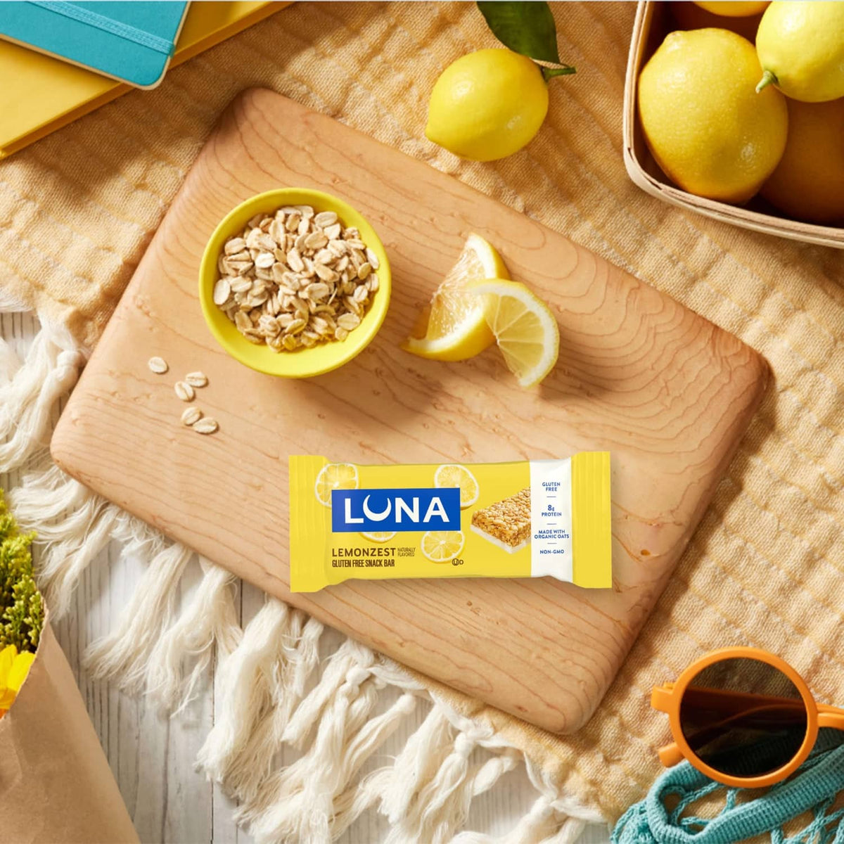 LUNA LemonZest gluten-free snack bar package with lemon zest and oats shown