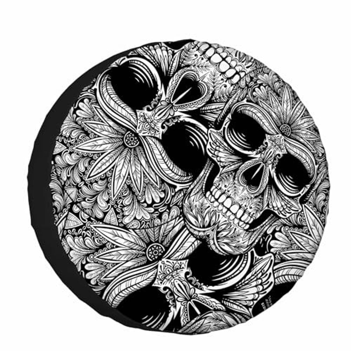 Skull spare tire cover close-up with ornate white line art on dark background