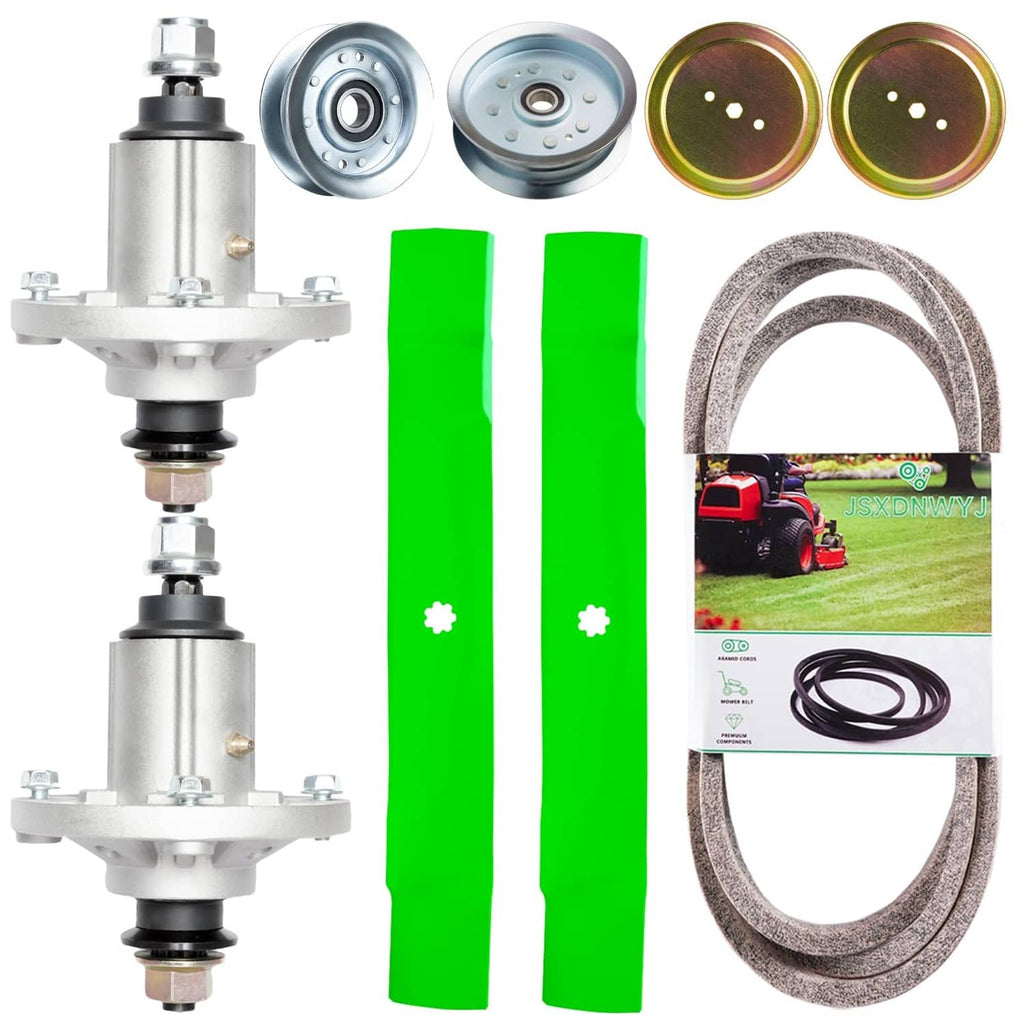 Mower spindle replacement kit with pulleys, idlers, blades, and drive belt set