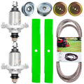 Mower spindle replacement kit with pulleys, idlers, blades, and drive belt set