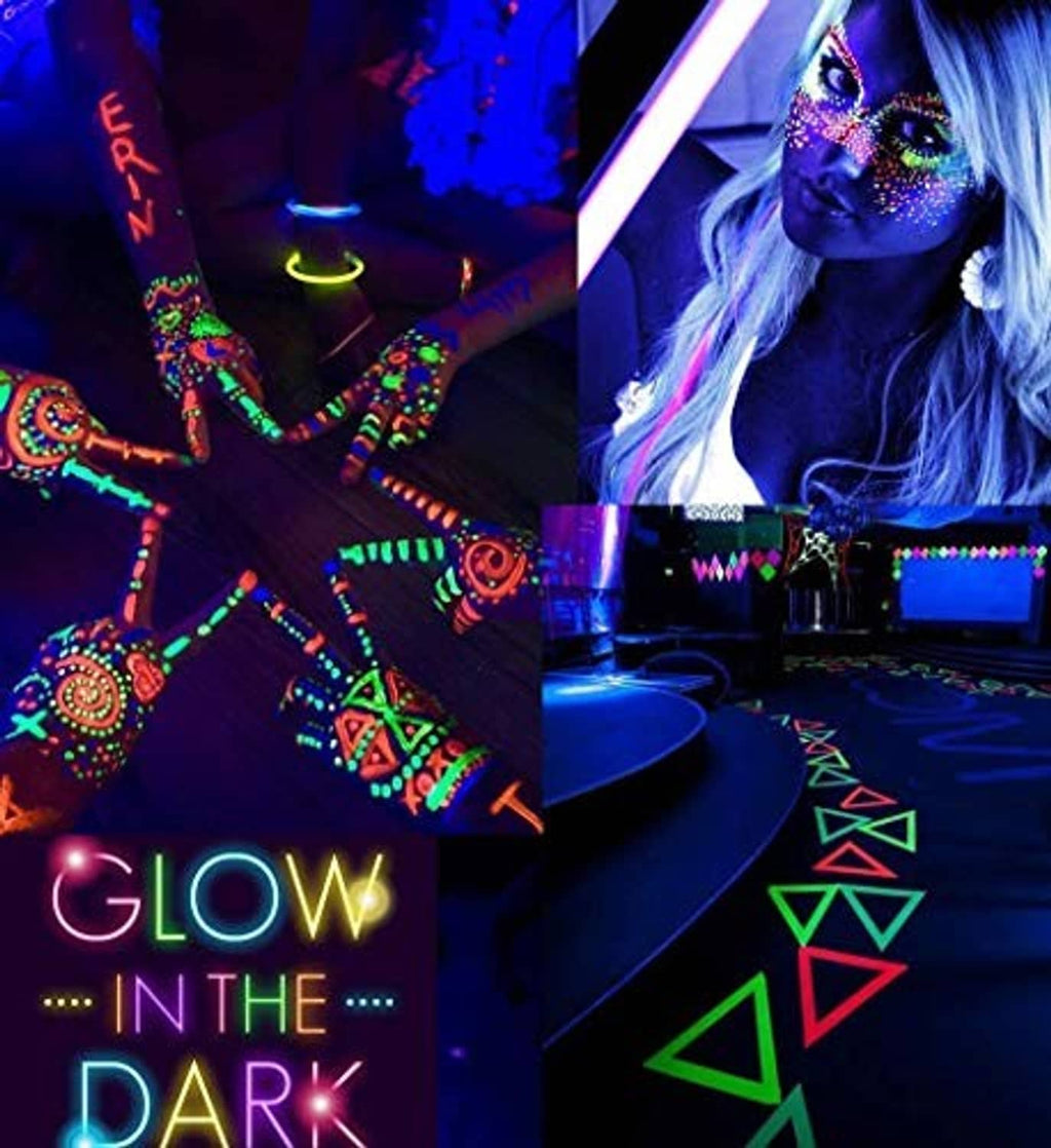 Glow-in-the-dark UV LED blacklight bulbs creating neon light effects (bulbs not clear)