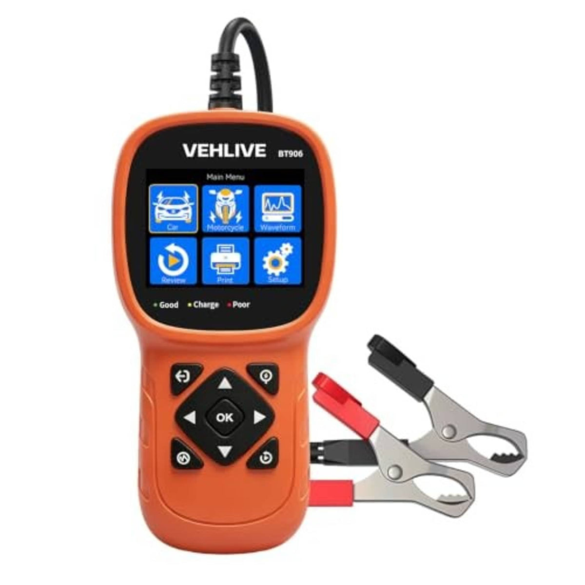 VEHILIVE BT906 car battery tester, orange handheld unit with clamp probes attached