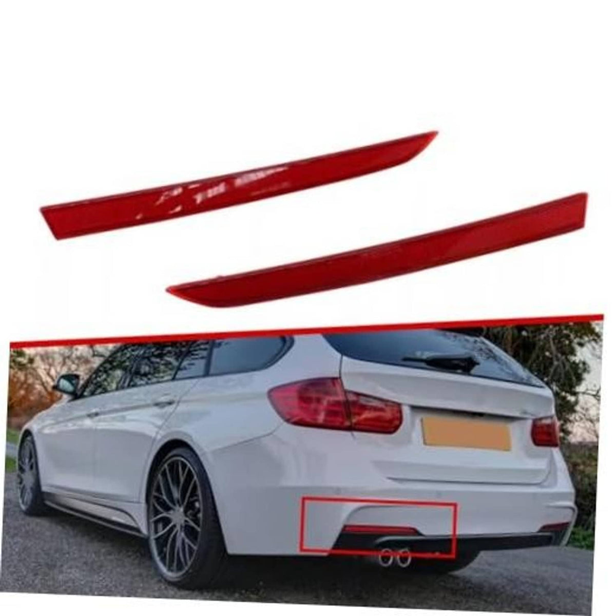 Pair of red rear bumper reflectors, left and right side, long slim lens design