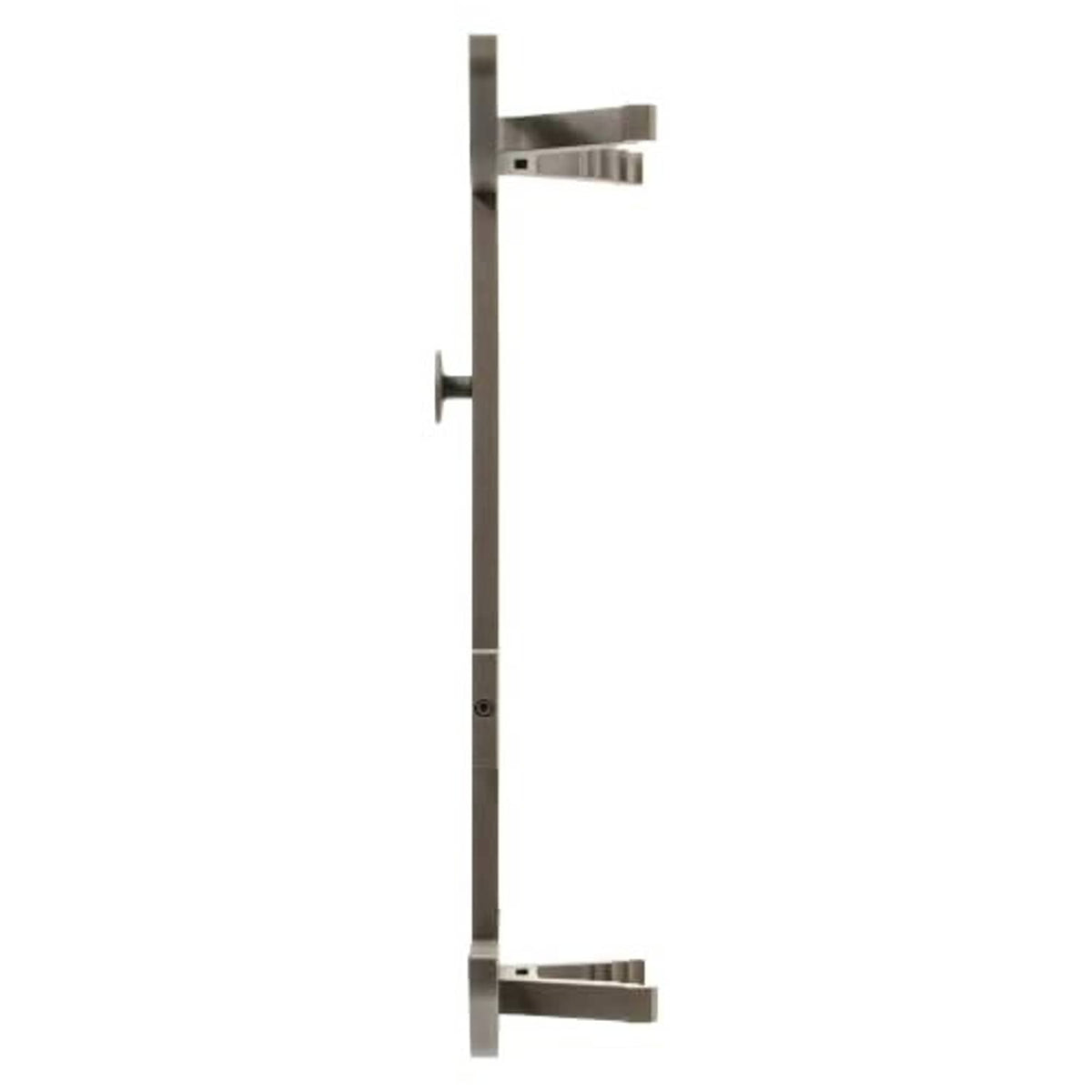 Brown aluminum tree climbing stick in side view with bracket steps and mounting holes.