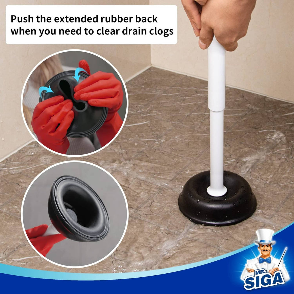 Toilet plunger rubber cup with extended back rim; hands push to clear clogs