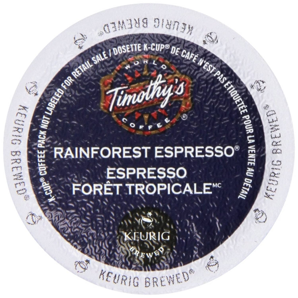 Timothy's Rainforest Espresso K-cup lid, espresso forest tropicale, Keurig brewed