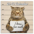 Brown cat wall calendar cover with “26-27 Calendar” title and apron meme