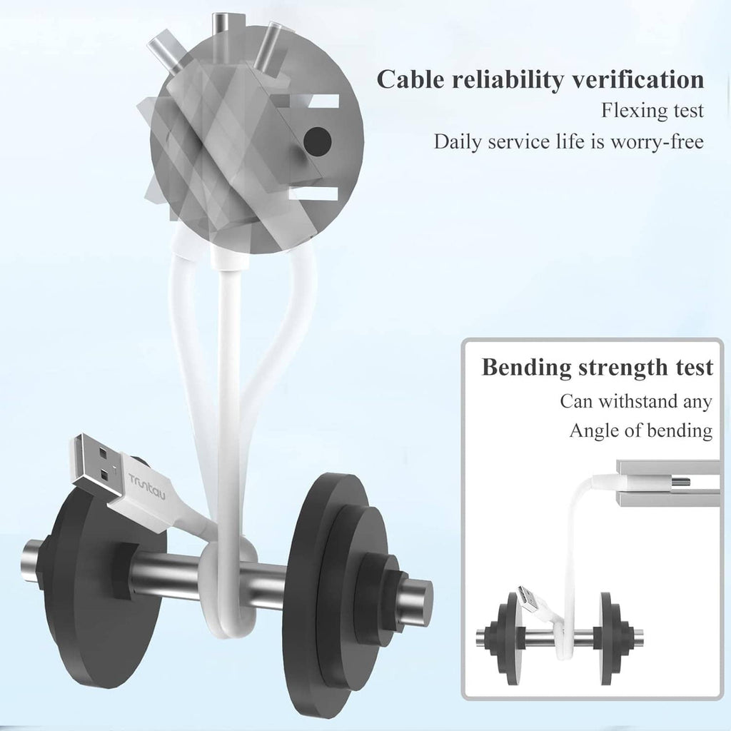White USB-A to USB-C charging cable shown with flexing and bending tests