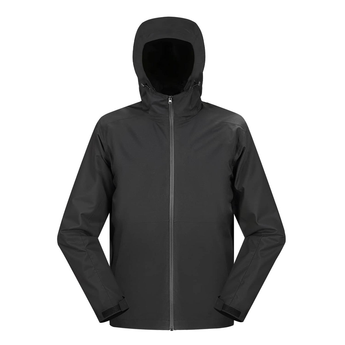 Black hooded heated softshell jacket with center front zipper and long sleeves.