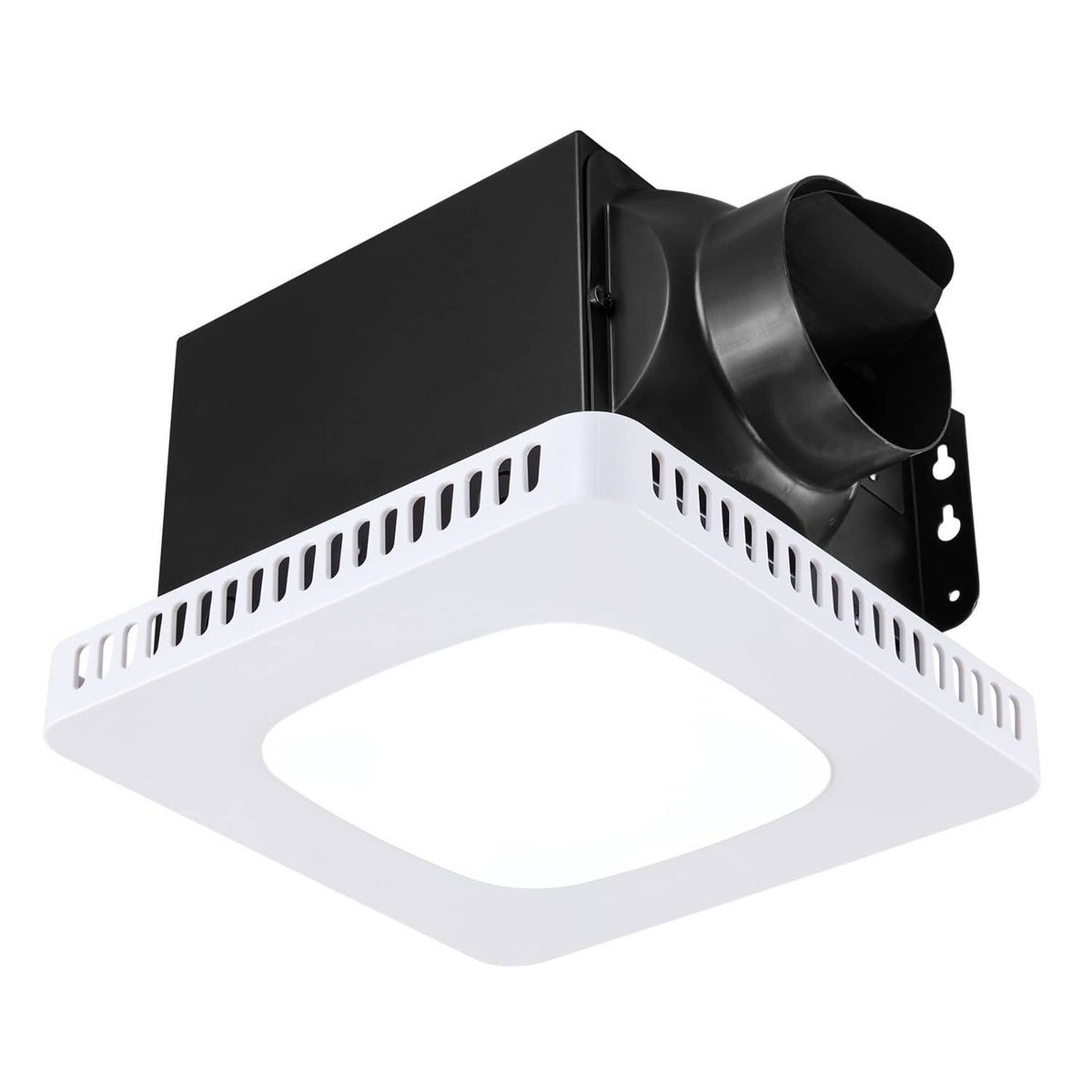 Black and white ceiling bathroom ventilation fan with LED light, angled view