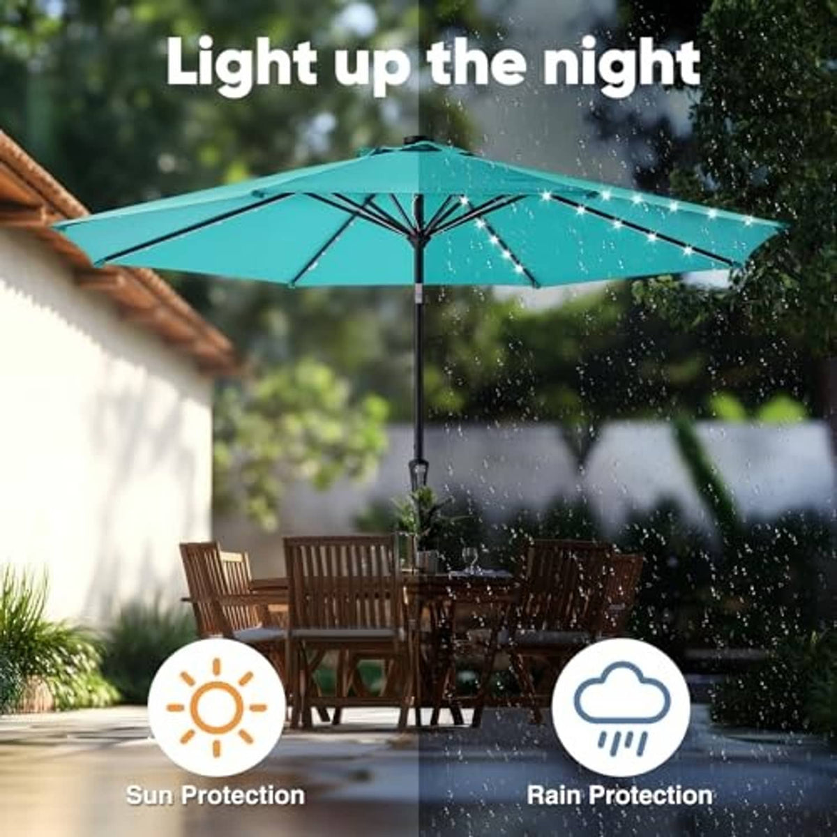 Turquoise patio umbrella with LED lights glowing and black standing pole