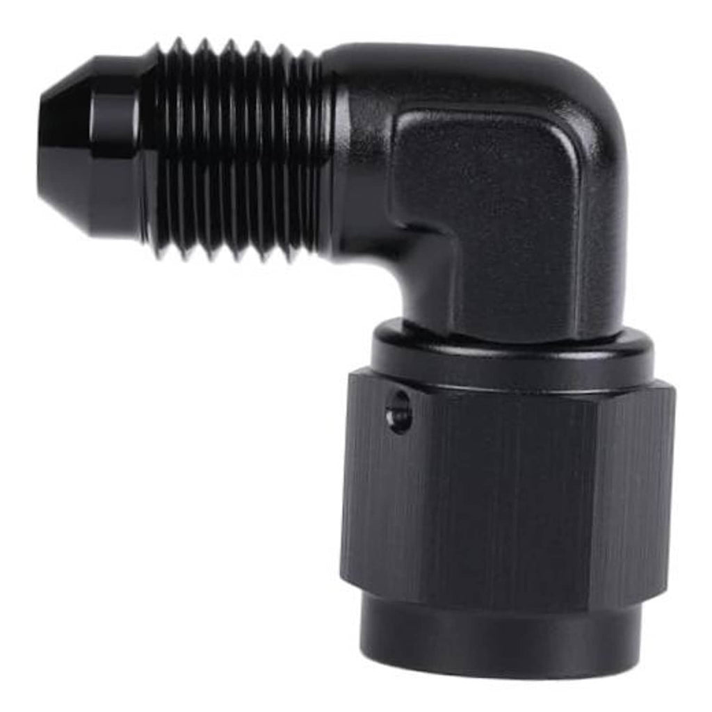 Black 90-degree AN swivel fitting with external threads and rotating elbow section