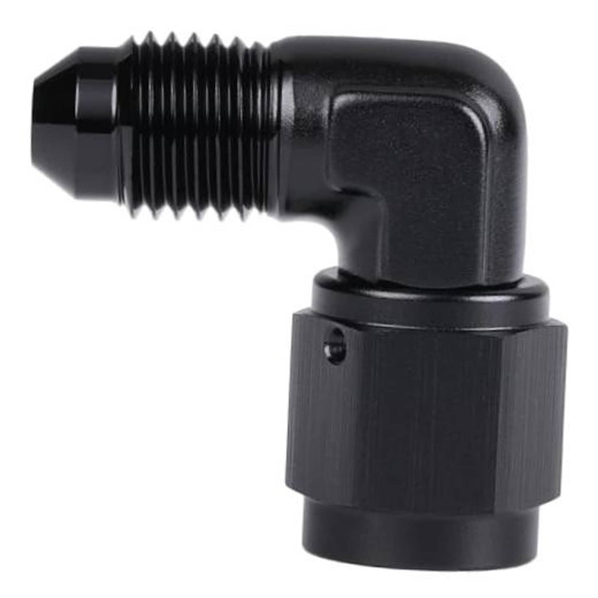 Black 90-degree AN swivel fitting with external threads and rotating elbow section