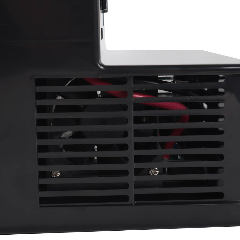 Ventilation grill and internal fan openings with visible wiring inside power converter