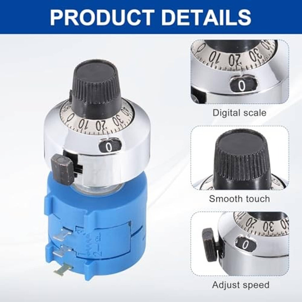Rotary potentiometer with smooth black knurled knob and silver dial on blue base