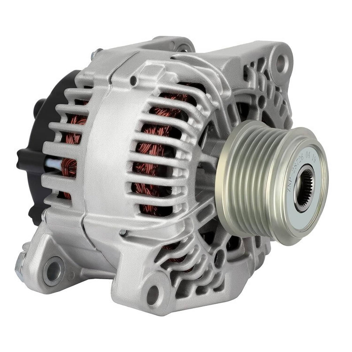 Silver alternator with large pulley, vented stator fins, and mounting bracket tabs
