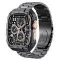 Black metal watch case with matching link bracelet band, orange side button detail
