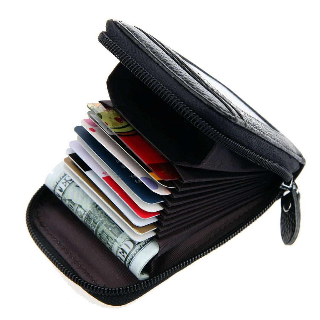 Black leather zip card wallet opened, showing stacked cards