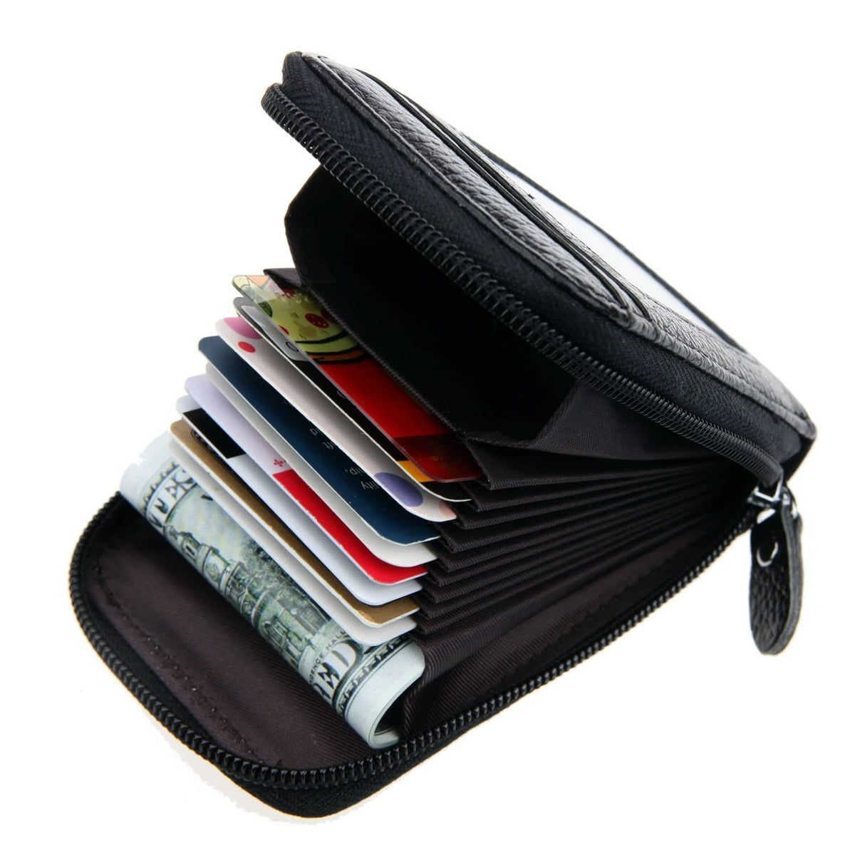 Black leather zip card wallet opened, showing stacked cards